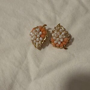 Gold and White Leaf Earrings